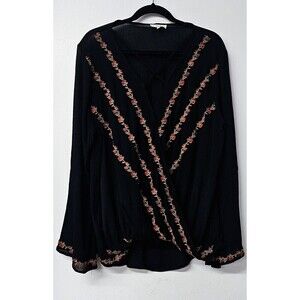 EASEL Black Front Crossover Embroidered Long Sleeve Women Shirt (M)